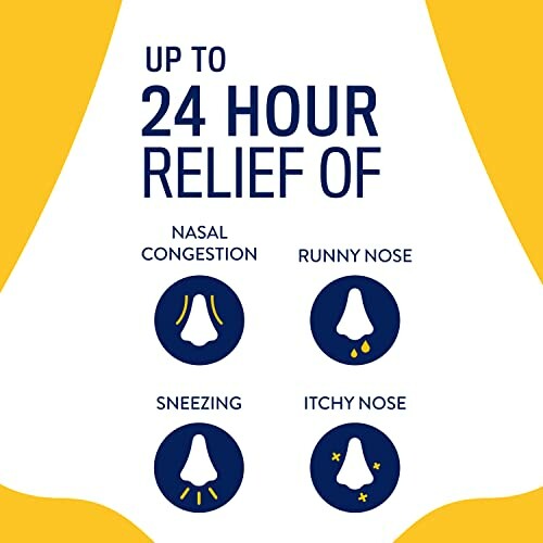 Infographic showing 24-hour relief for nasal congestion, runny nose, sneezing, and itchy nose.