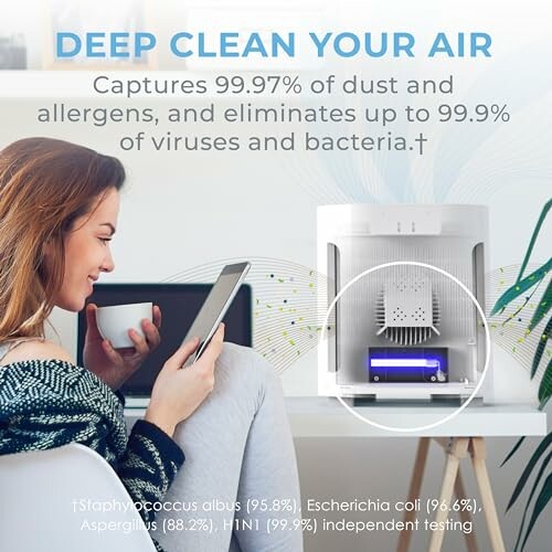 Advertisement showing a woman using a laptop near an air purifier, highlighting its capability to capture dust, allergens, viruses, and bacteria.
