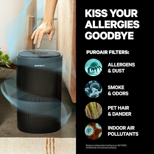 Air purifier with allergy filters for allergens, smoke, pet hair, and pollutants.