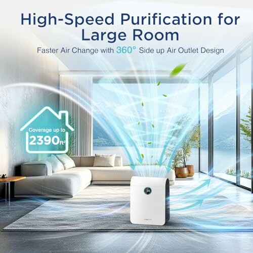 Air purifier in modern living room with high-speed purification for large space.