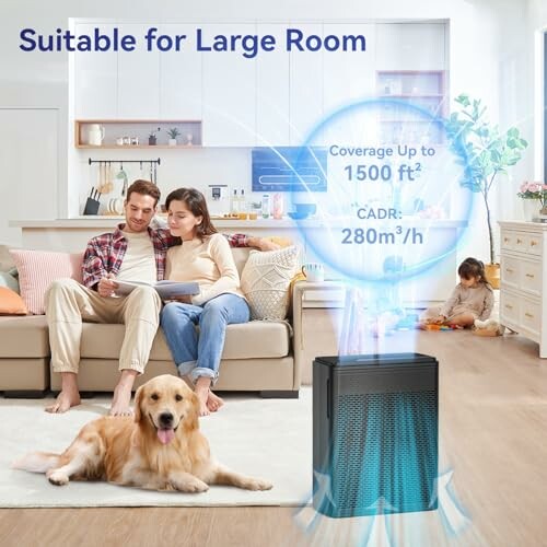 Family with dog using air purifier in large room.