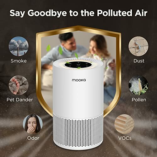 Air purifier in a living room with family, showing features like smoke, dust, pet dander, pollen, odor, and VOCs removal.