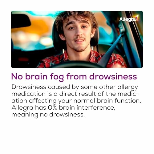 Young man driving with Allegra text about no drowsiness.