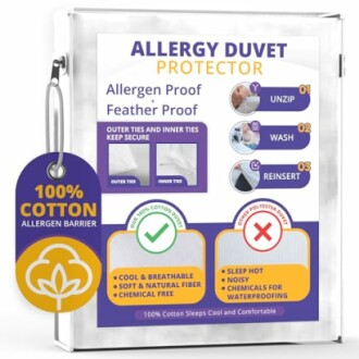 Allergy duvet protector packaging showing features and instructions.