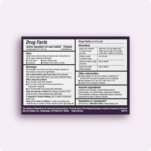Drug facts label of allergy medication showing active ingredients, uses, warnings, and directions.