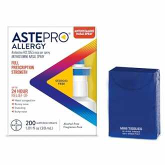 Astepro allergy nasal spray package and mini tissues.