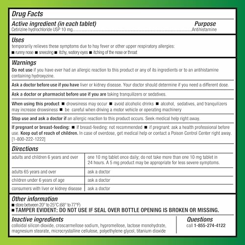 Cetirizine drug facts label with usage, warnings, and ingredients.
