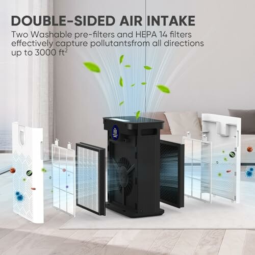 Air purifier with double-sided air intake and HEPA filters.