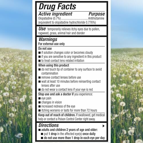 Drug facts label for allergy relief eye drops with ingredients and warnings.