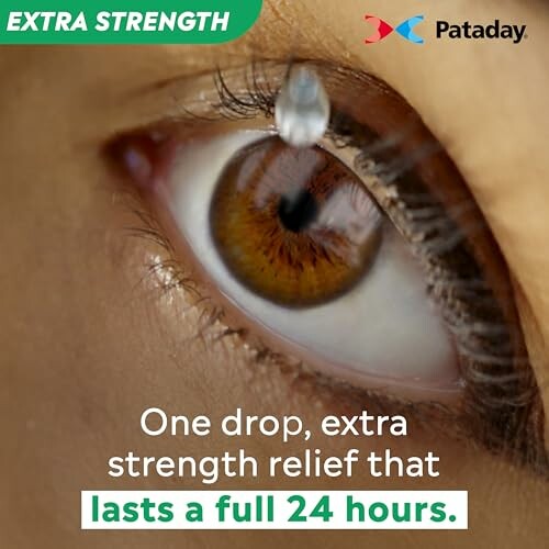 Close-up of an eye with a drop, promoting 24-hour relief.