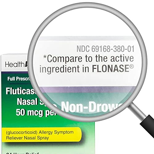 Magnifying glass highlighting comparison of active ingredient in Flonase on nasal spray packaging.