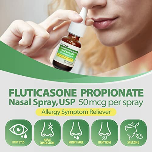 Fluticasone Propionate Nasal Spray for allergy relief with icons for itchy eyes, nasal congestion, runny nose, itchy nose, and sneezing.