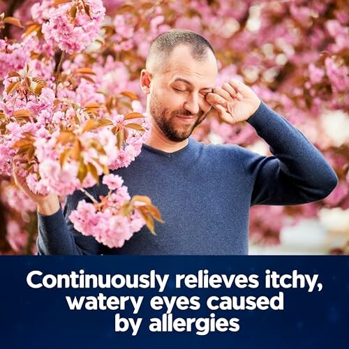 Man rubbing eyes near cherry blossoms, allergy relief text