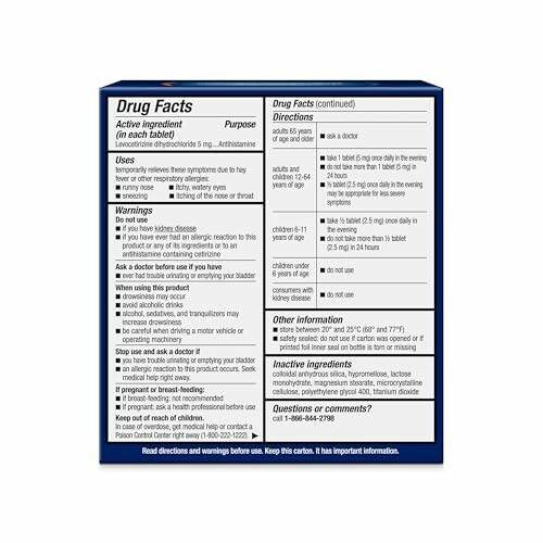 Drug facts label detailing ingredients, uses, warnings, and directions for a medication.