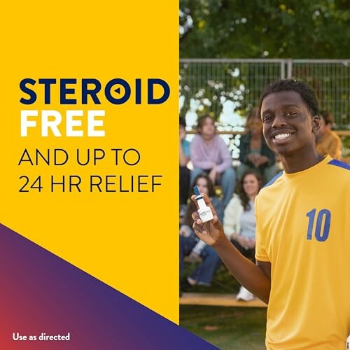 Smiling person holding allergy relief product with text 'Steroid Free and Up to 24 HR Relief'.