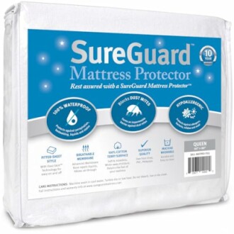 SureGuard mattress protector packaging showing features like waterproof, dust mite protection, and hypoallergenic.